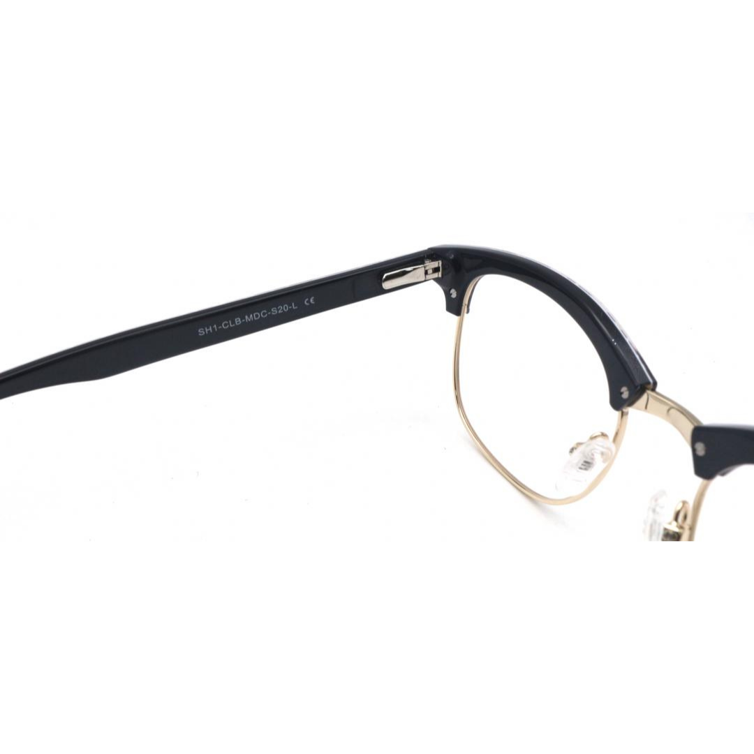 Eyeglasses with black frame and gold accents on a white background
