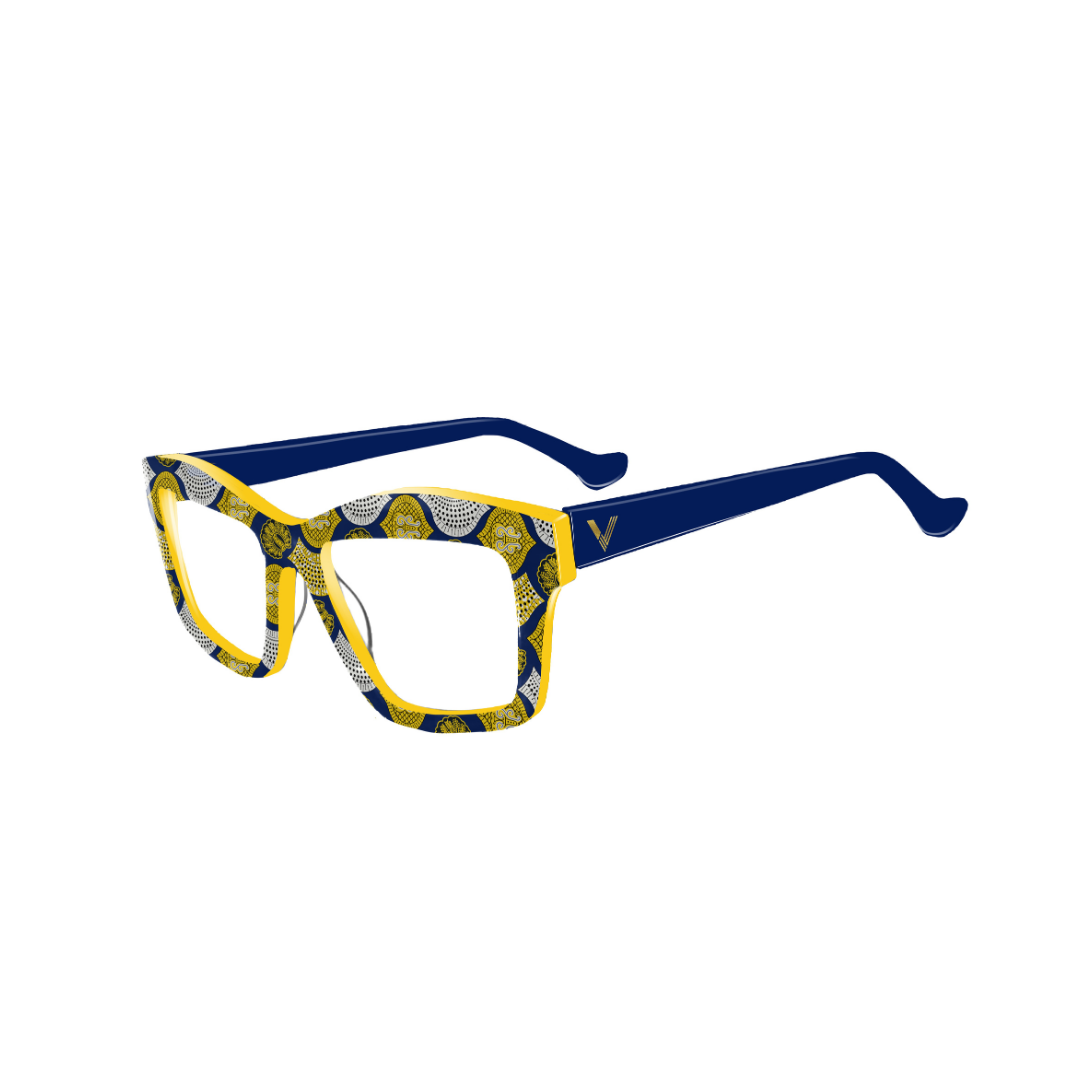 Glasses with blue and yellow patterned frame on a white background