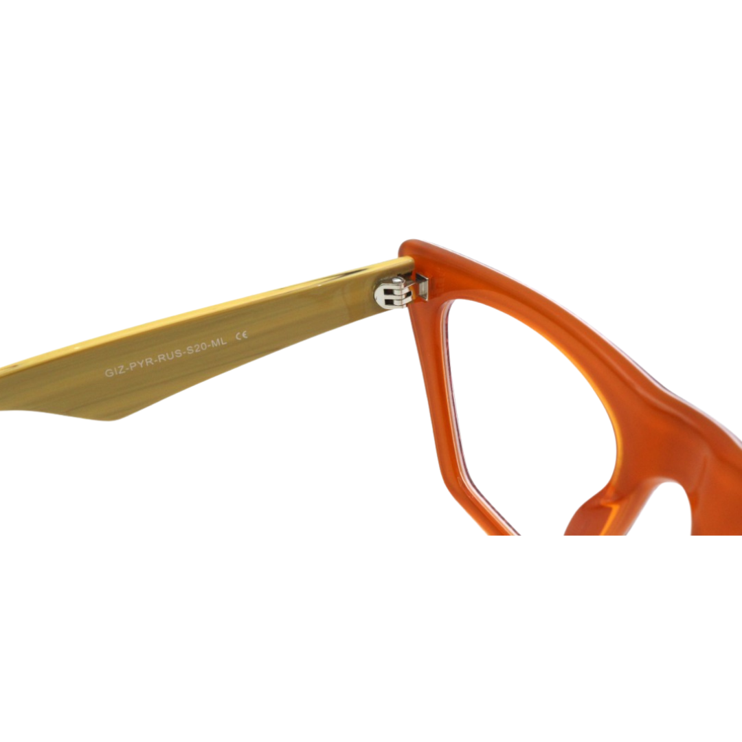 Close-up of a pair of glasses with a gold frame and orange arms on a white background.