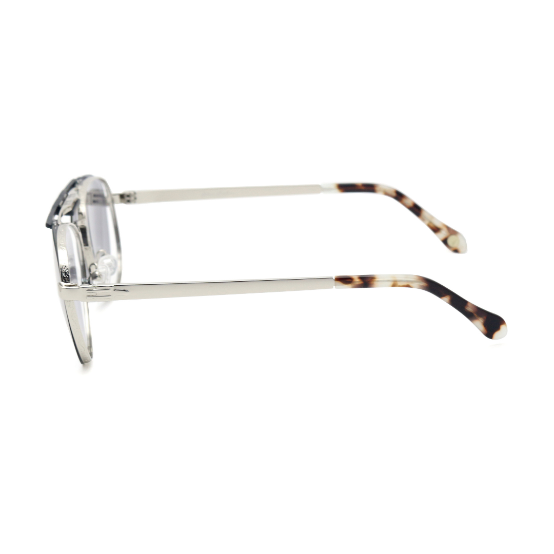 Side view of the sleek Cleofis Silver optical frames for adults, emphasizing their modern and refined finish.