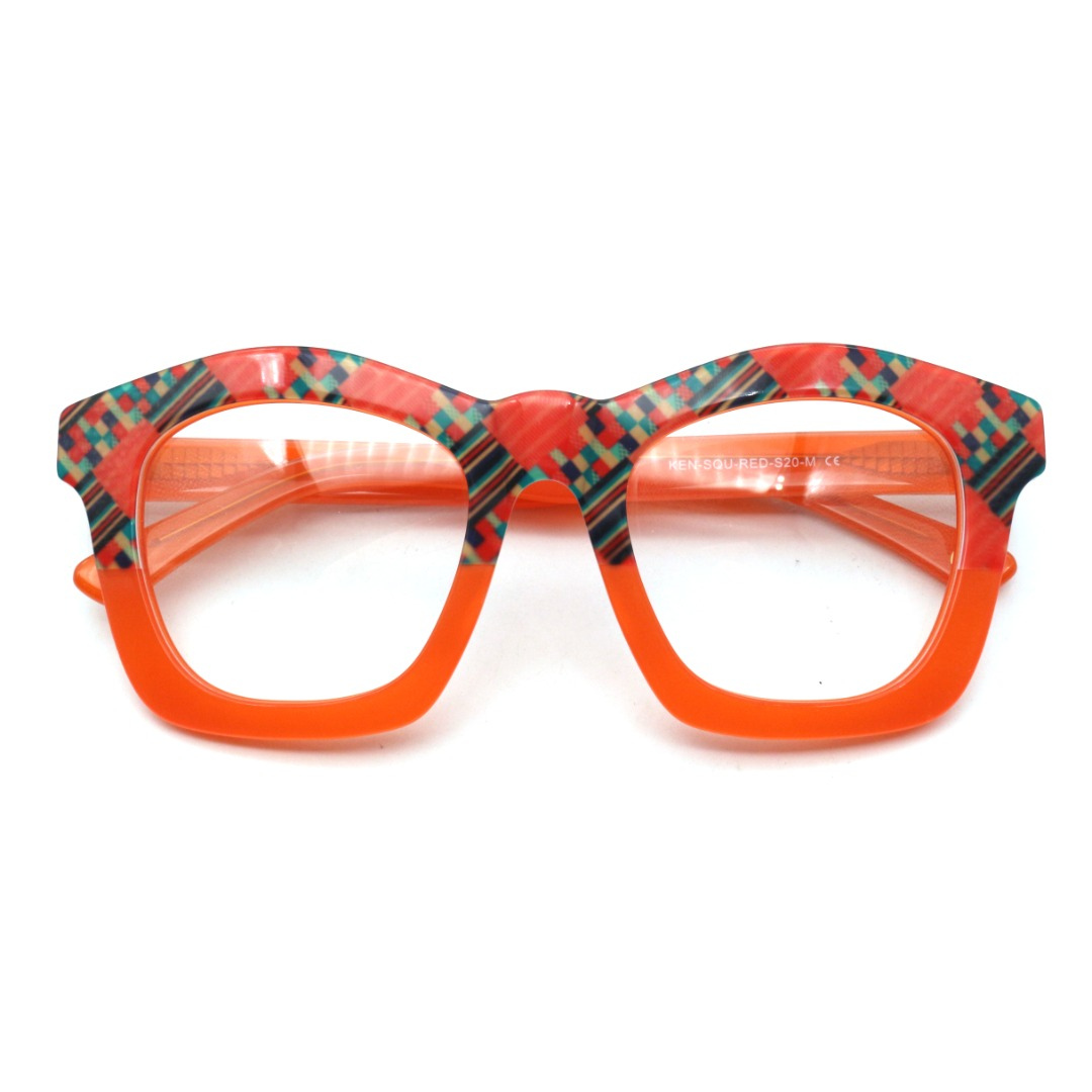Front view of the bold orange Kente optical frames for adults, perfect for adding a pop of color to your look.