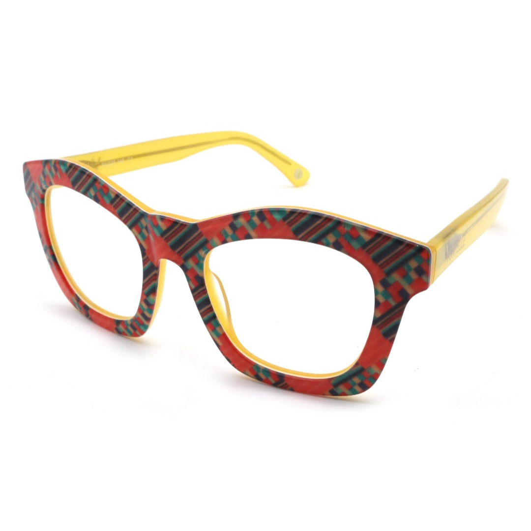 ISO view of the sunny yellow Kente optical frames for adults, highlighting their warm and inviting design.