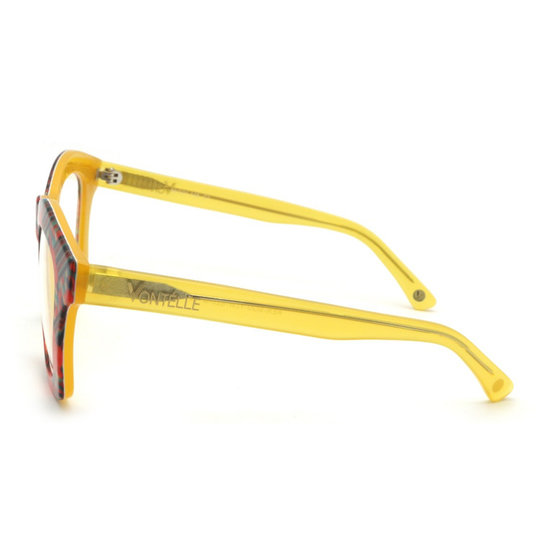 Side view of the sunny yellow Kente optical frames for adults, highlighting their warm and inviting design.