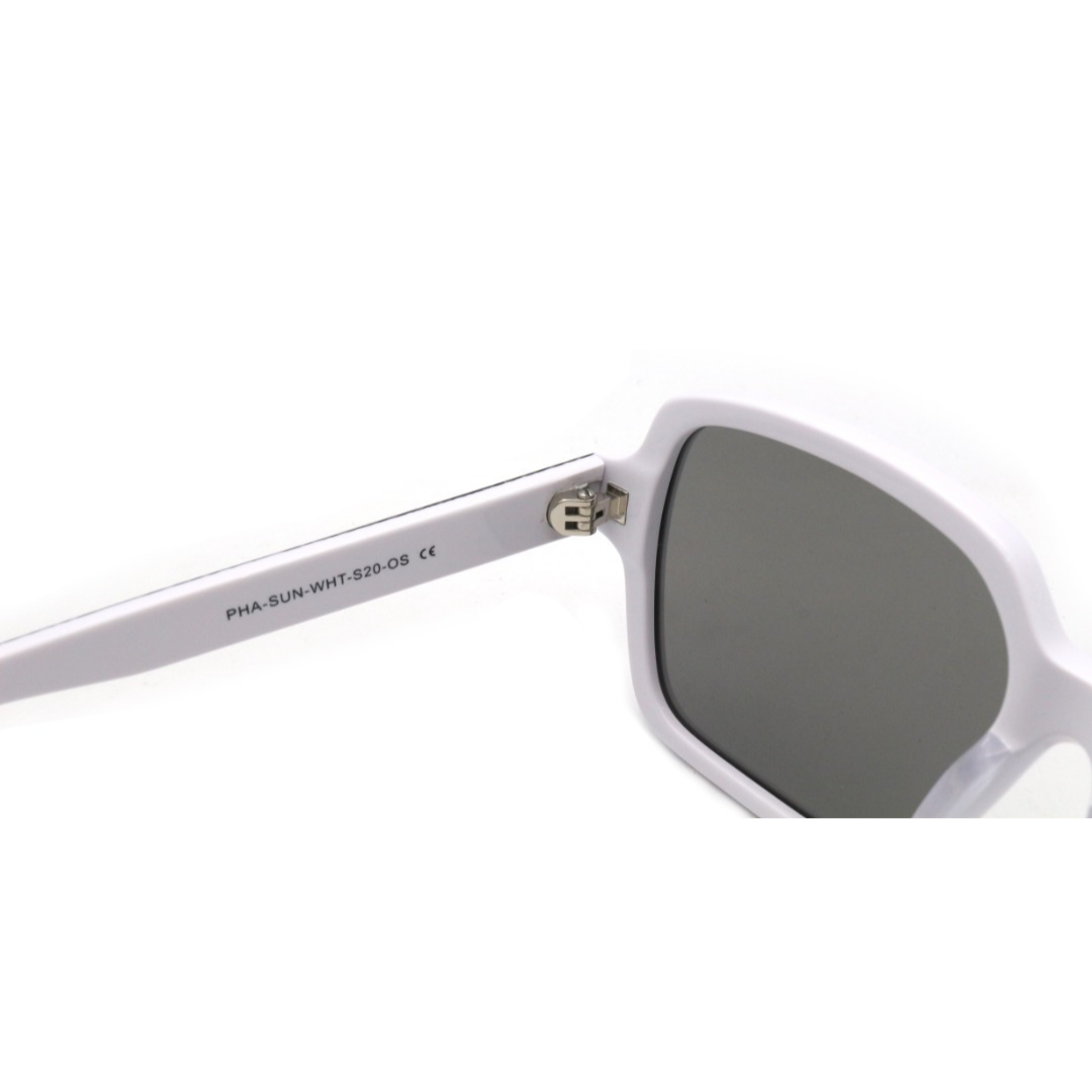 White sunglasses with a close-up of the frame and lens on a white background