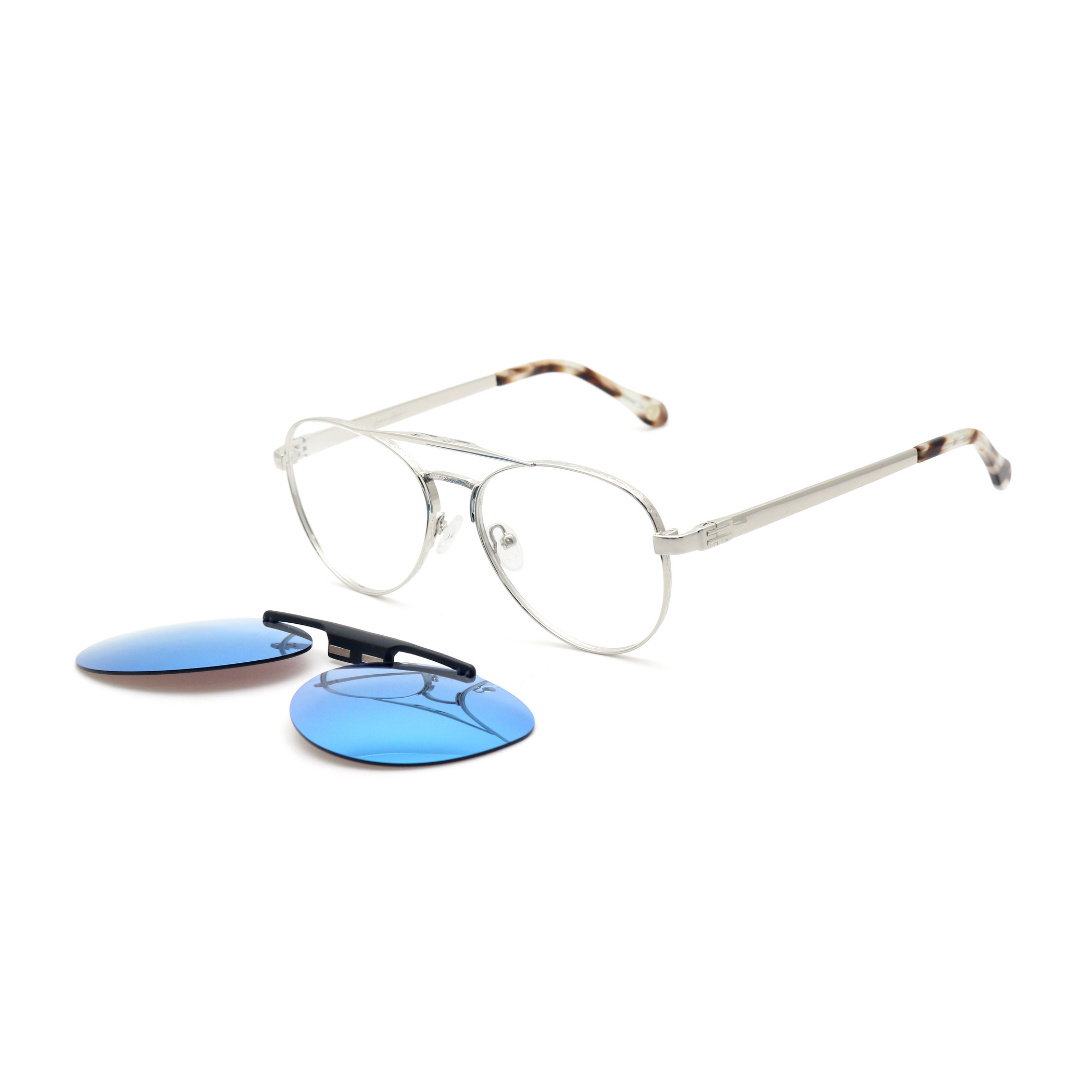 Eyeglasses with blue clip-on lenses on a white background