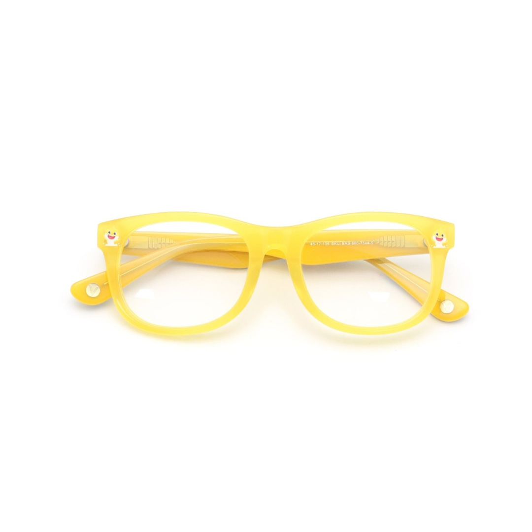 Front view of the cheerful yellow Baby Shark optical glasses for children, combining fun and functional eyewear.