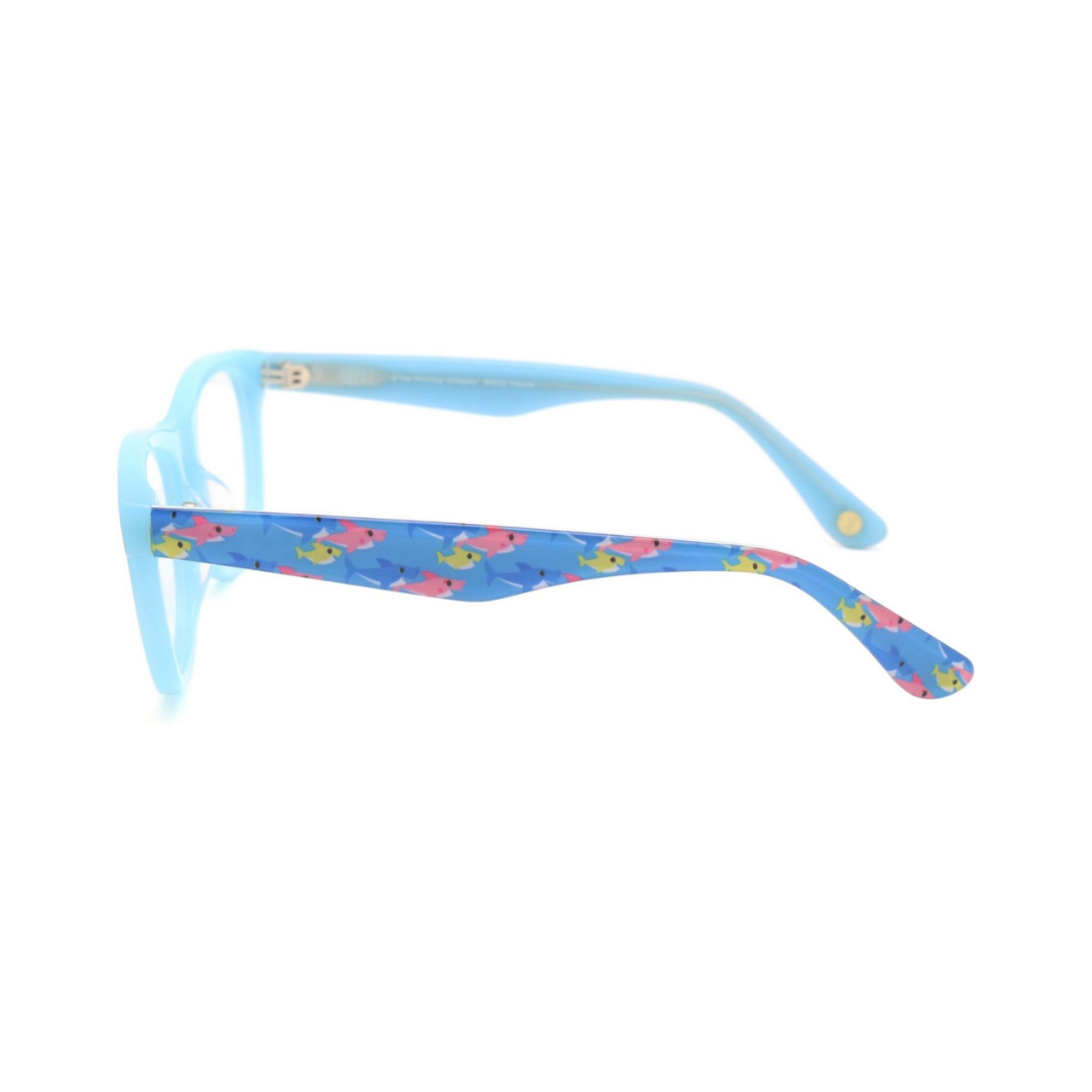 Side view of a vibrant blue sunglasses for kids, featuring Baby Shark fun. Perfect for protecting little eyes in style.