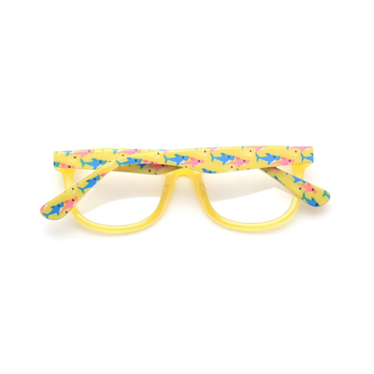 Back view of the cheerful yellow Baby Shark optical glasses for children, combining fun and functional eyewear.
