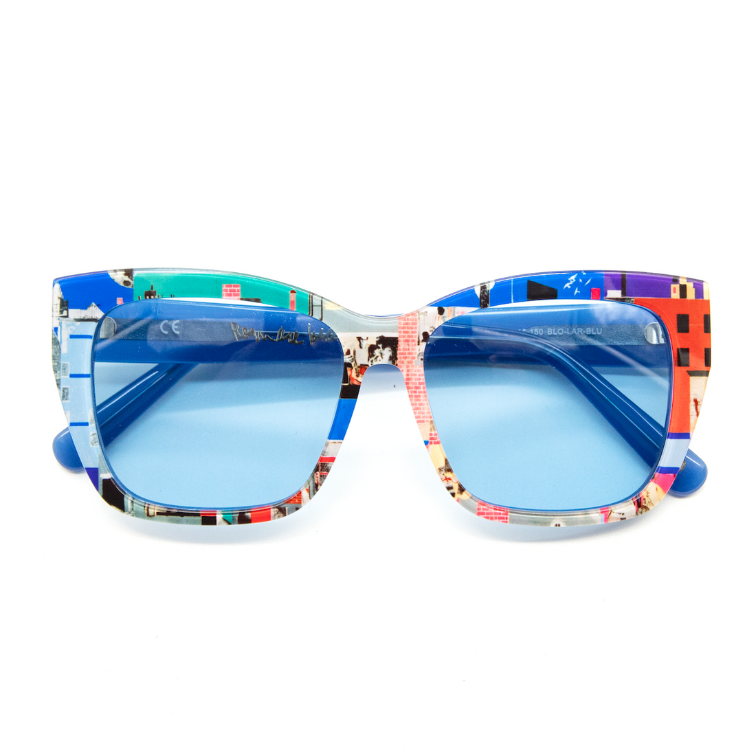 Multicolored sunglasses with blue lenses on a white background