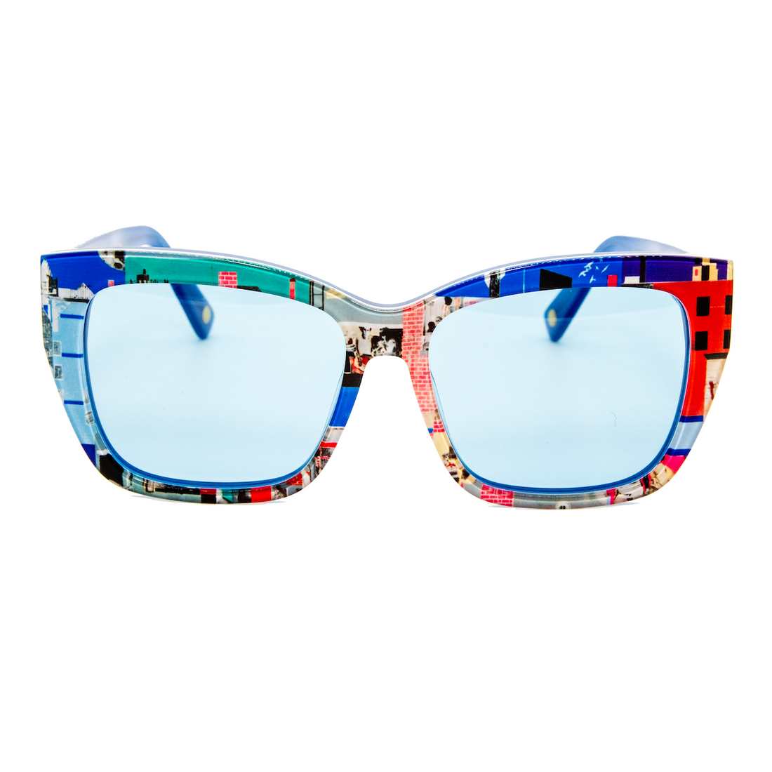 Multicolored sunglasses with blue lenses on a white background