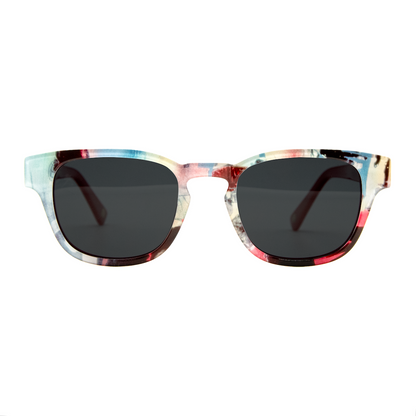 Sunglasses with a colorful frame on a white background