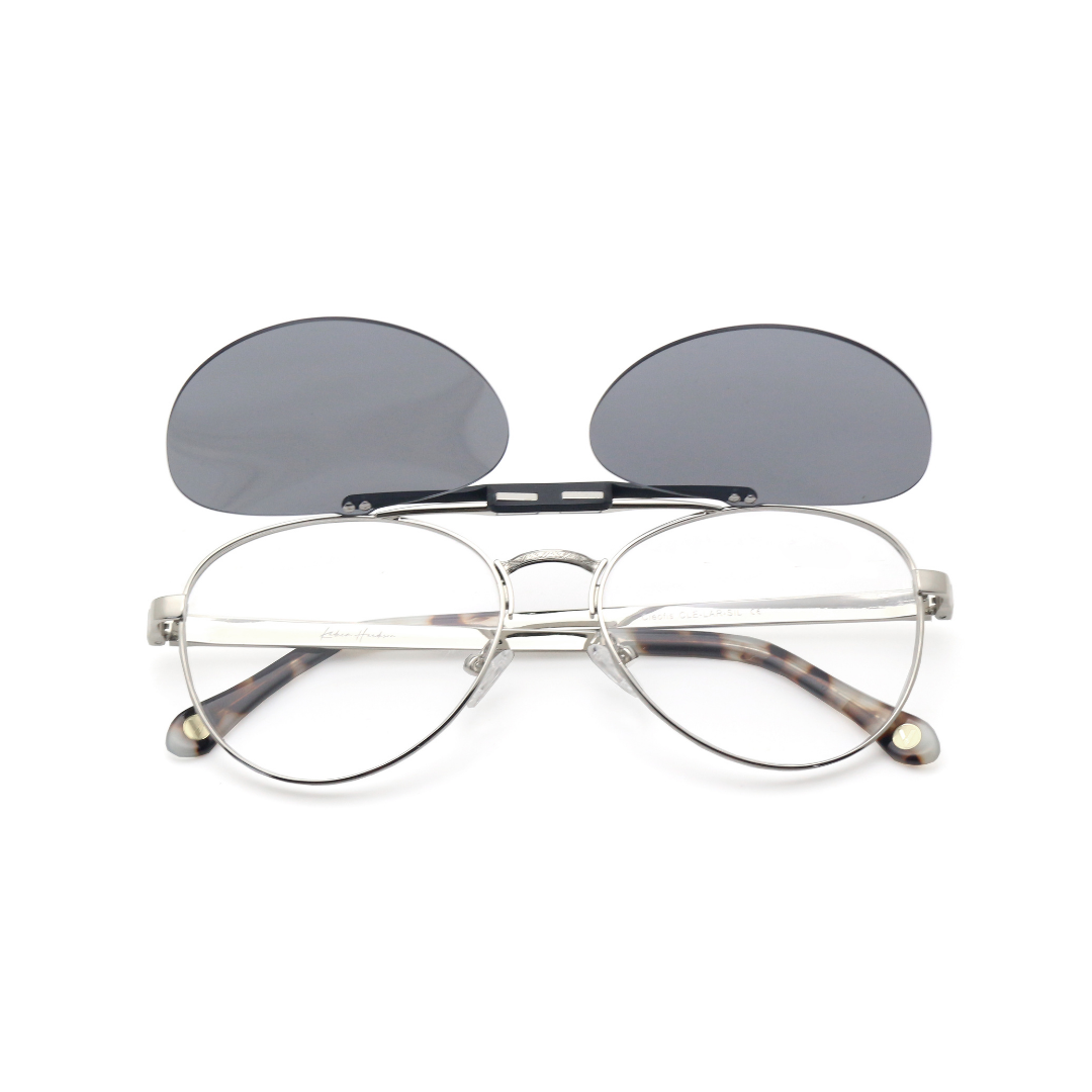 Front view of the sleek Cleofis Silver optical frames for adults, emphasizing their modern and refined finish.