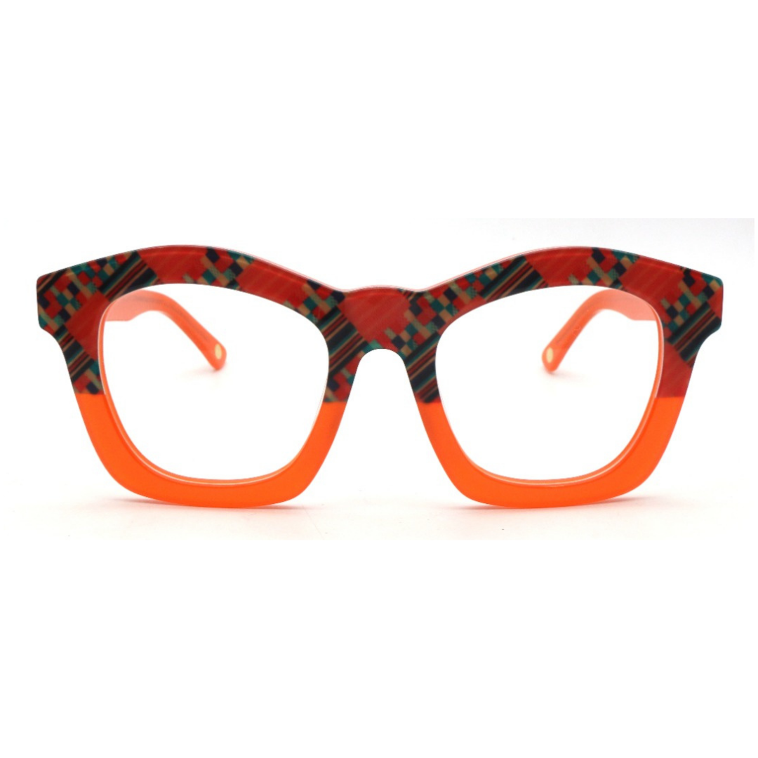 Bold orange optical frames from the Kente collection for adults, a vibrant statement in eyewear.