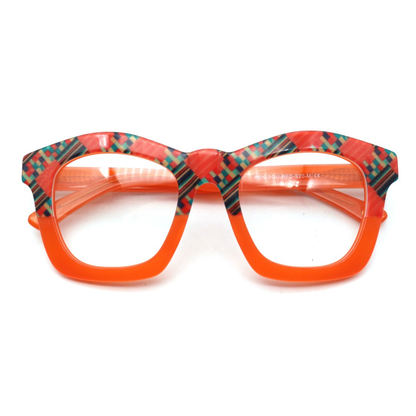 Front view of the bold orange Kente optical frames for adults, perfect for adding a pop of color to your look.