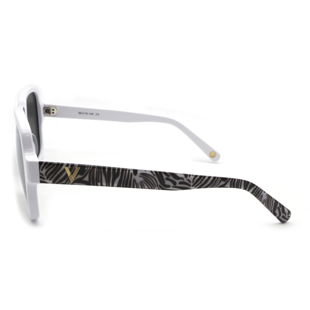 Side view of the bold Pharaoh frames with a zebra pattern for adults, showcasing their sleek and graphic design.