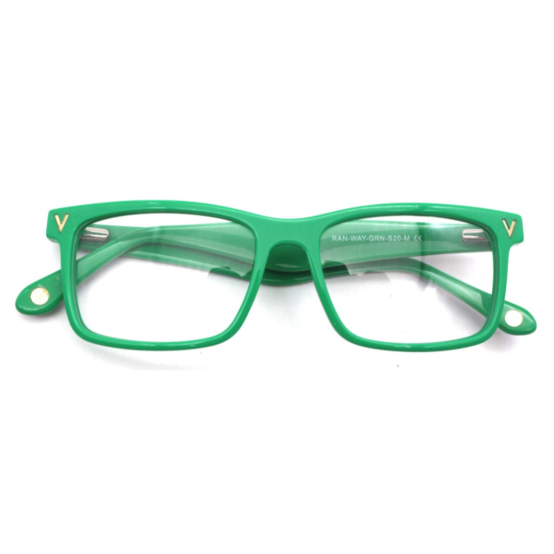 Front view of the contemporary green rectangular Rands optical frames for adults, perfect for a sleek and professional image.