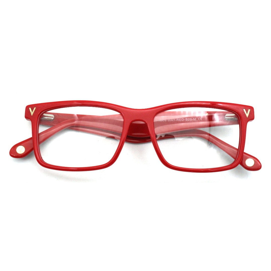 Front view of the vibrant red rectangular Rands optical frames for adults, designed for a confident and eye-catching appearance.