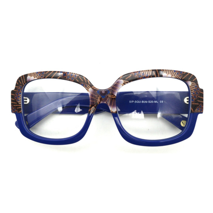 Front view of the majestic Sienna Peacock optical frames for adults, highlighting their intricate and regal details.